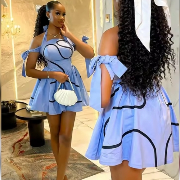 Summer Women Bowknot Shoulder HalterNeck Geometric Striped Big Swing Dress - Picture 5 of 5